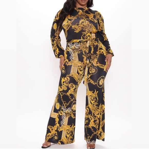 Fashion Nova Pants - Fashion Nova Black Yellow Gold Chain Print Wide Leg High Status Jumpsuit Gaudy